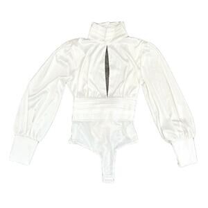 Fashion Nova Women’s M Satin‎ Bodysuit Long Sleeve Open Front & Back W/ Bow NWT